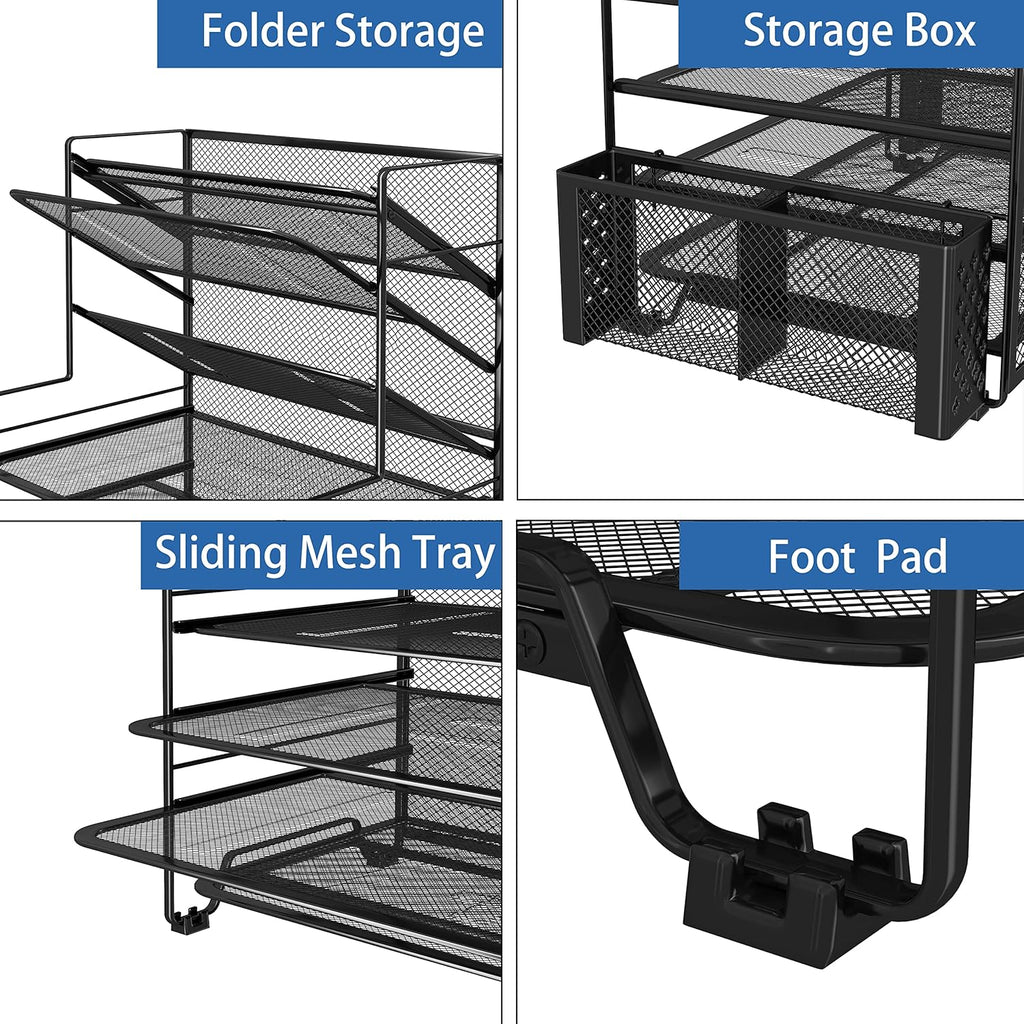 7 Tier Desk File Organizer, Letter Tray Paper Organizer with Pen Holder and Metal Hanging Basket, Black