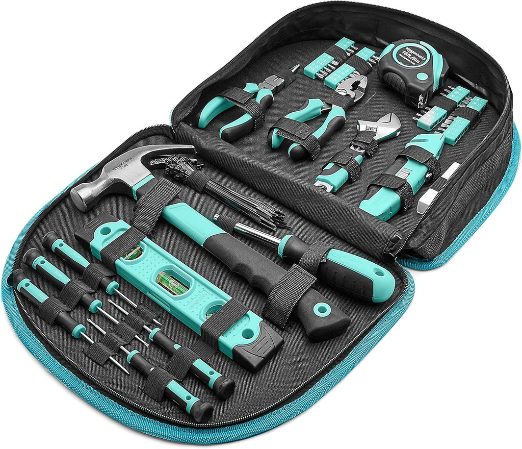 104-Piece Home Repair Household Tool Set with Easy Carrying Round Pouch, Portable Hand Tool Kit, Turquoise, 14.4 x