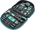 104-Piece Home Repair Household Tool Set with Easy Carrying Round Pouch, Portable Hand Tool Kit, Turquoise, 14.4 x