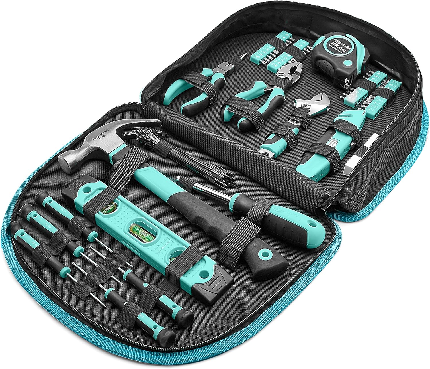 104-Piece Home Repair Household Tool Set with Easy Carrying Round Pouch, Portable Hand Tool Kit, Turquoise, 14.4 x