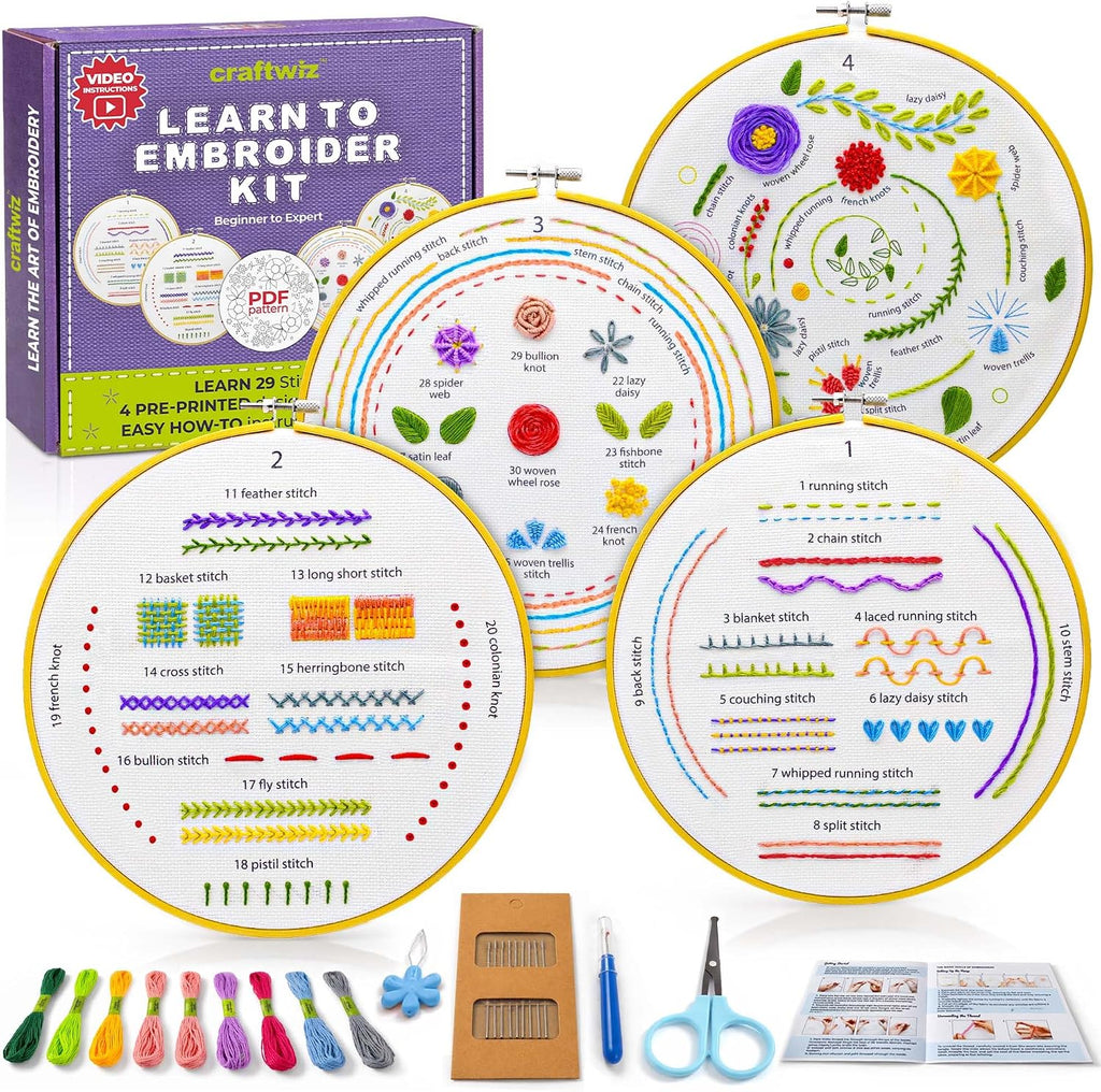 4-Piece Starter Embroidery Kit for Beginners and Expert with Simple Patterns, Learn 29 Stitches with Hand Embroidery Kit