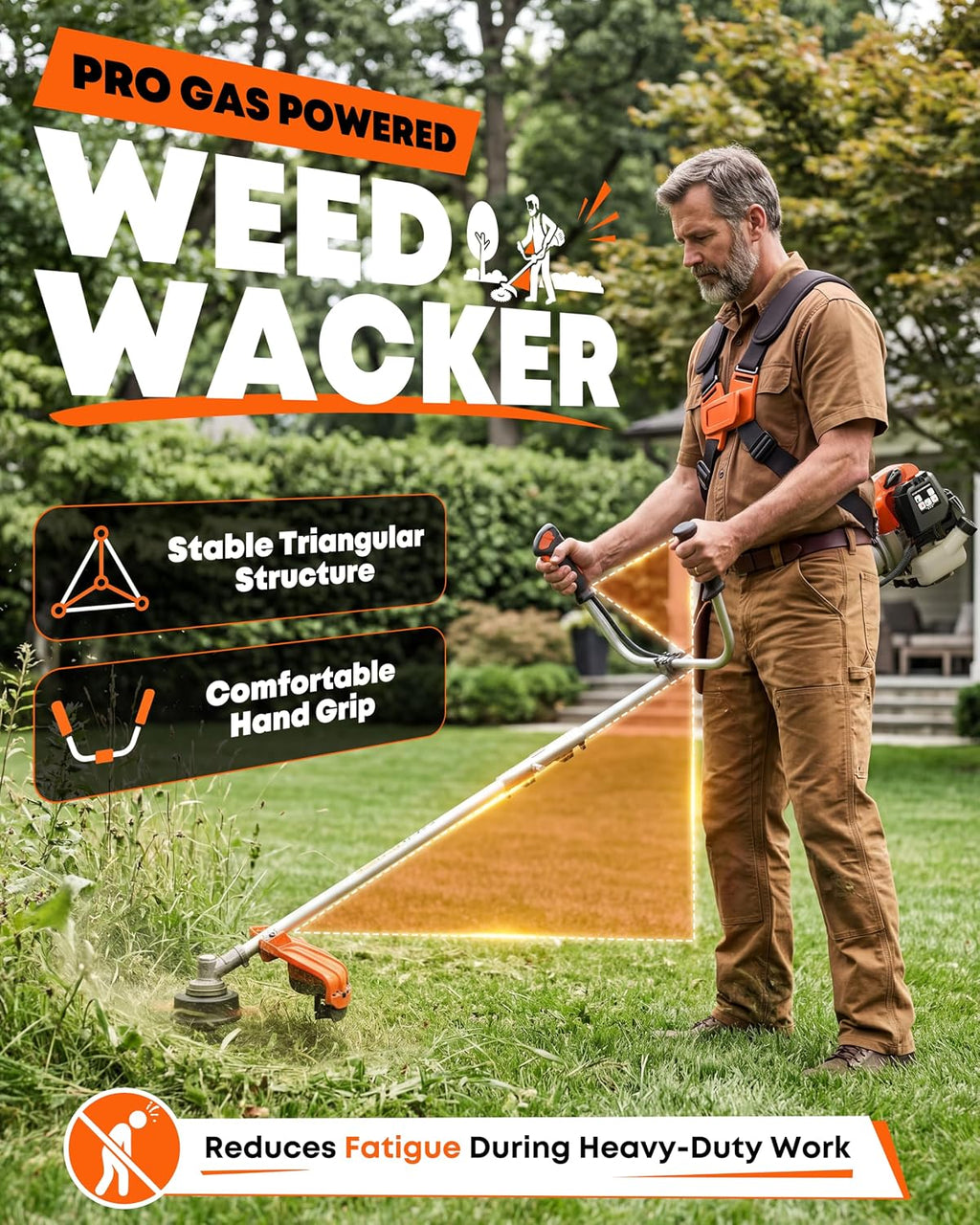 52cc Gas Weed Eater, 4-in-1 Brush Cutter, Orange Silver | Aluminum Alloy Straight Shaft, 7,500 RPM, 18 in Cutting