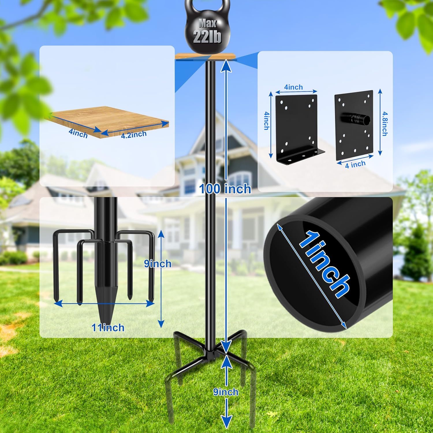 Bird Feeder Pole, 109 Inch Heavy Duty Bird House Pole Kit for Outdoors, with 5-Prong Base Feeding Station for Wild