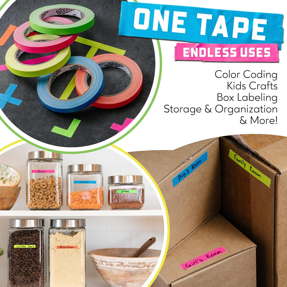 Neon Spike Tape 5 Pack - 1/2 Inch x 20 Yards Colored Gaffer Tape