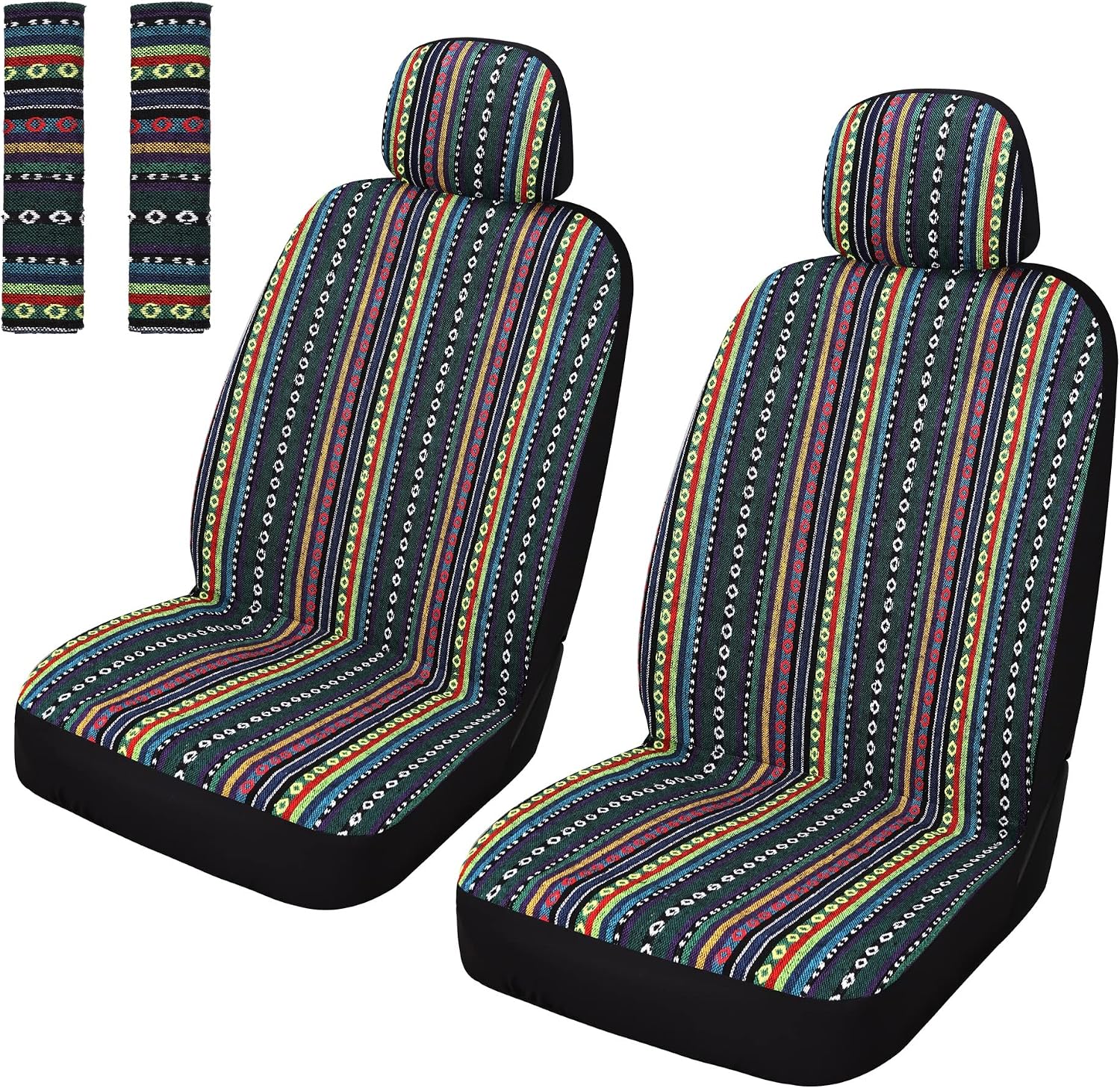 Baja Saddle Blanket Car Seat Covers Front Set with Seat Belt Pads, Washable Breathable Striped Woven Cloth Seat