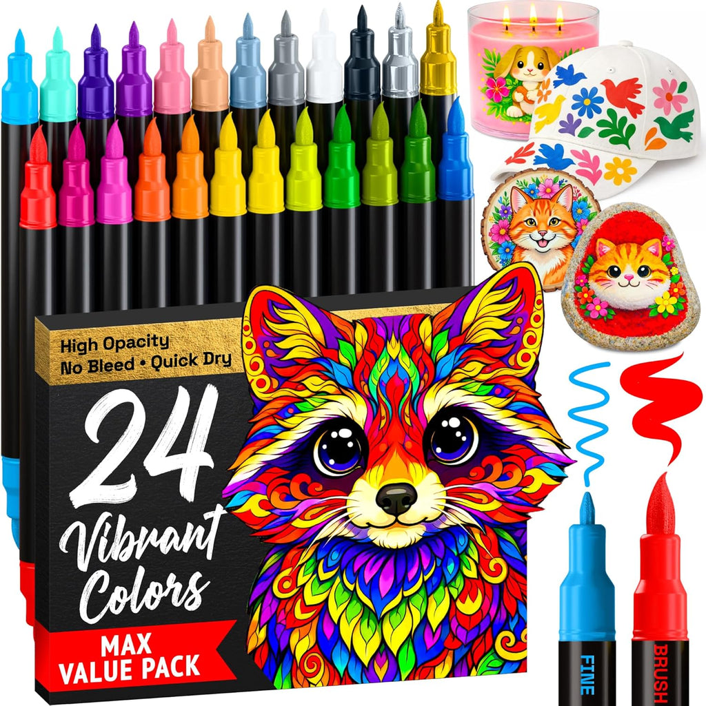 24 Acrylic Paint Markers - Paint Pens for Drawing - For Fabric, Rock, Glass, Wood, Molds - Arts & Crafts Gift for