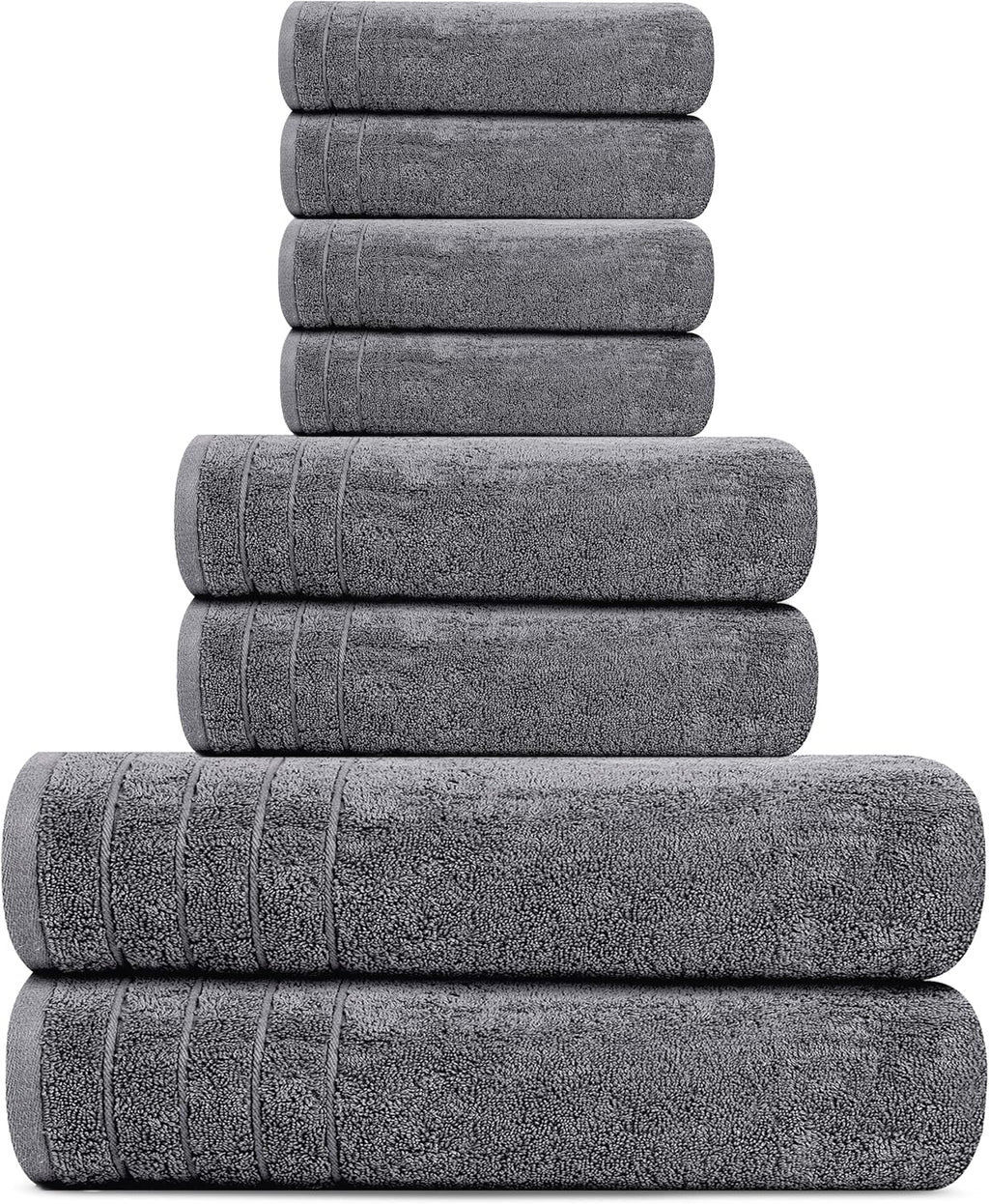 8 Piece Towel Set, 2 XL Bath, 2 Hand, 4 Washcloth, Dark Grey | 100% Cotton, Lighter Weight, Quicker to Dry, Super