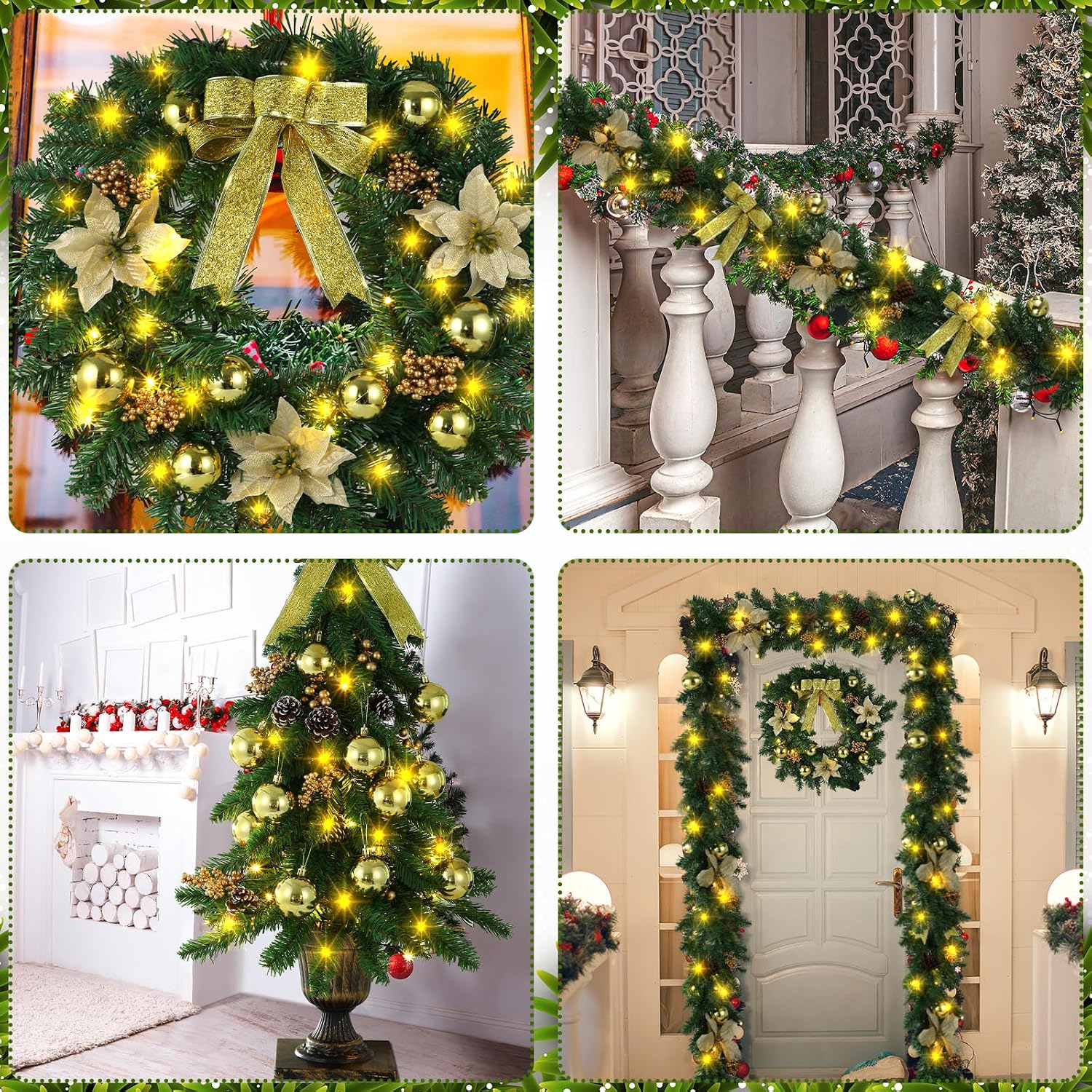 4 Piece Pre Lit Gold Christmas Garland and Wreath Set 3 ft Entrance Trees 17.72" Front Door Christmas Wreath 7.87 ft