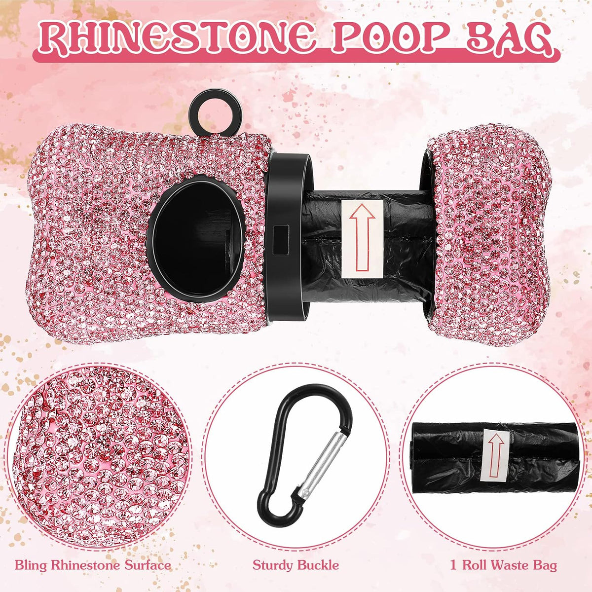 2 Pack Rhinestone Retractable Dog Leash and Bag Holder Set Pink Bling Bone Shaped Pet Waste Bags Dispenser with Metal