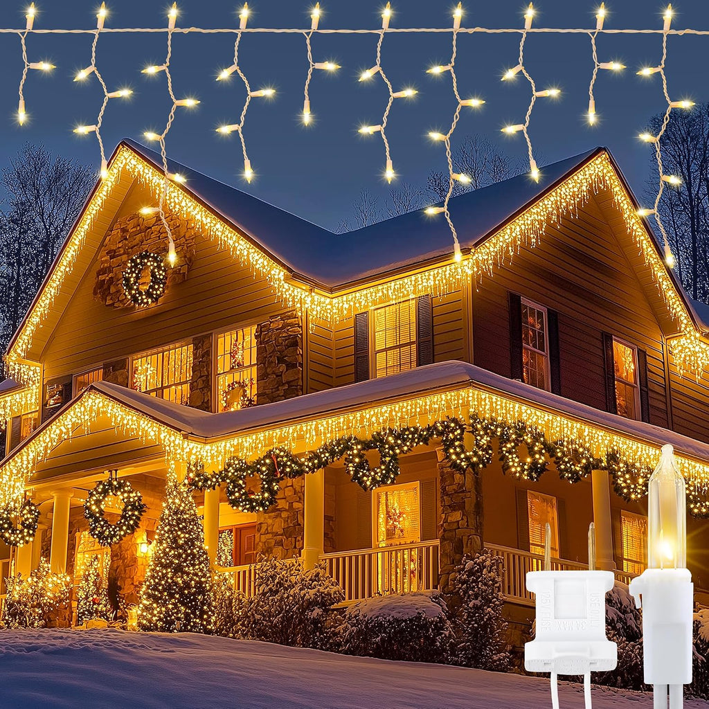 Icicle Lights Outdoor, 23FT 200 Connectable Icicle Christmas Lights | Warm White Plug in Curtain String Lights for