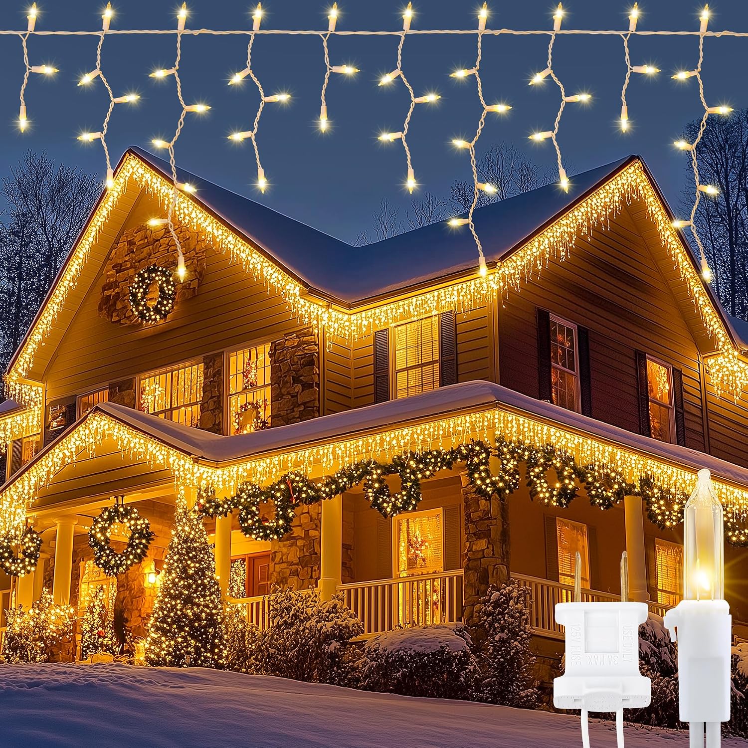 Icicle Lights Outdoor, 23FT 200 Connectable Icicle Christmas Lights | Warm White Plug in Curtain String Lights for