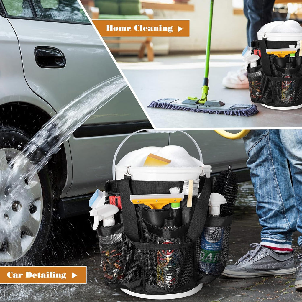 5 Gallon Bucket Organizer with Anti-fall Hooks & Buckle, Car Wash Bucket Caddy with Mesh Pockets, 5 Gallon Cleaning