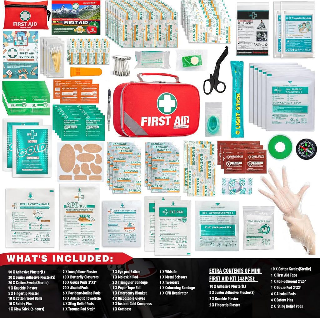 2-in-1 First Aid Kit (215 Piece Set) + 43 Piece Mini First Aid Kit -Includes Ice(Cold) Pack, Moleskin Pad and