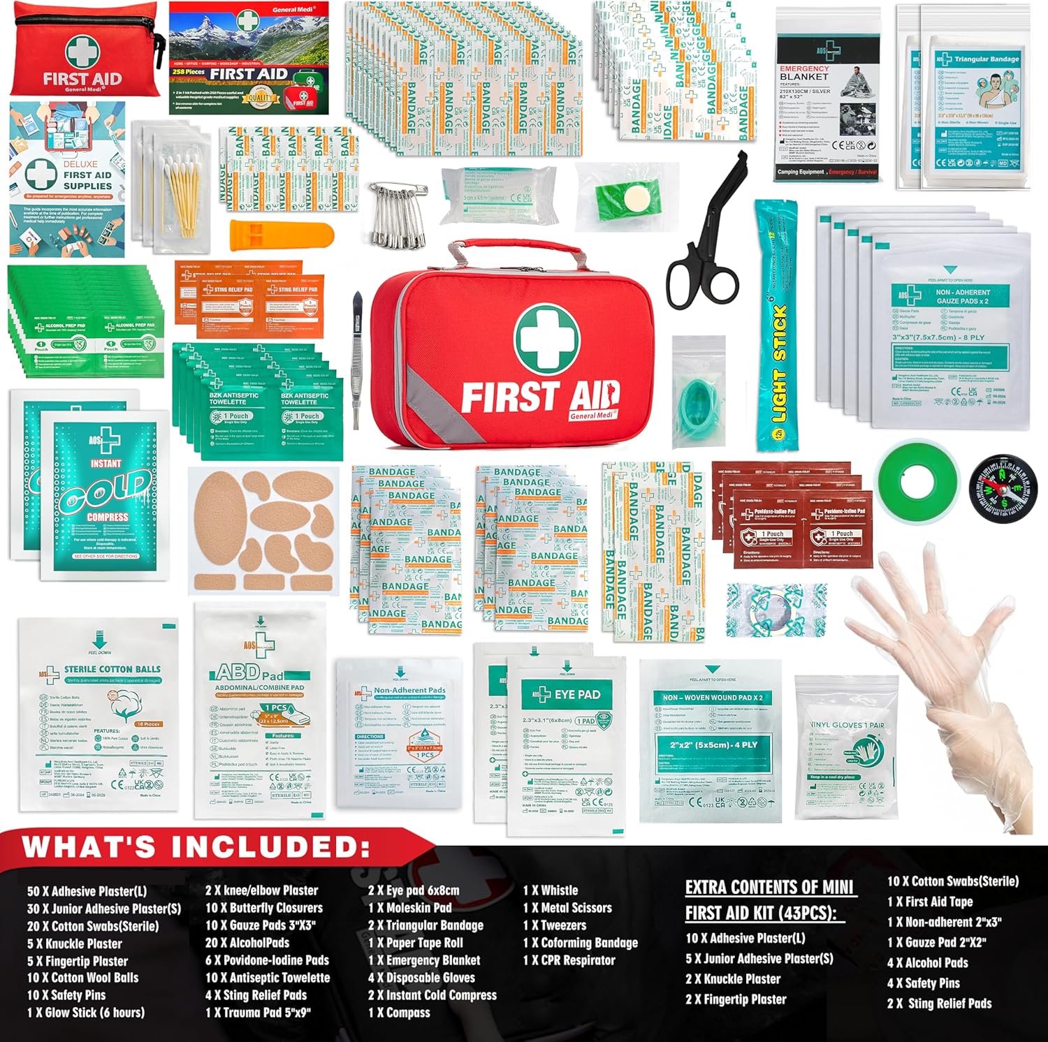 2-in-1 First Aid Kit (215 Piece Set) + 43 Piece Mini First Aid Kit -Includes Ice(Cold) Pack, Moleskin Pad and