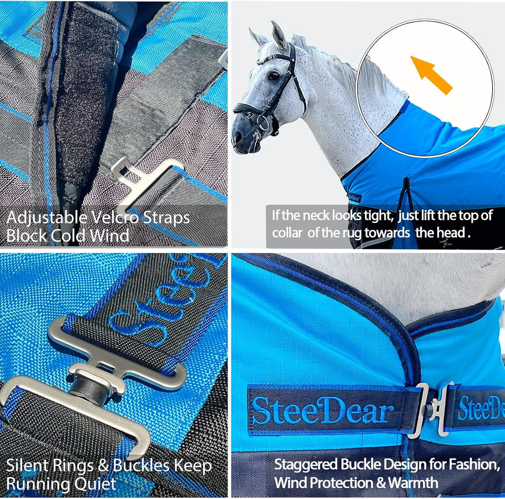 1200D Fall Horse Turnout Sheet (0g No Fill) Horse Blanket,Blue Black 66''