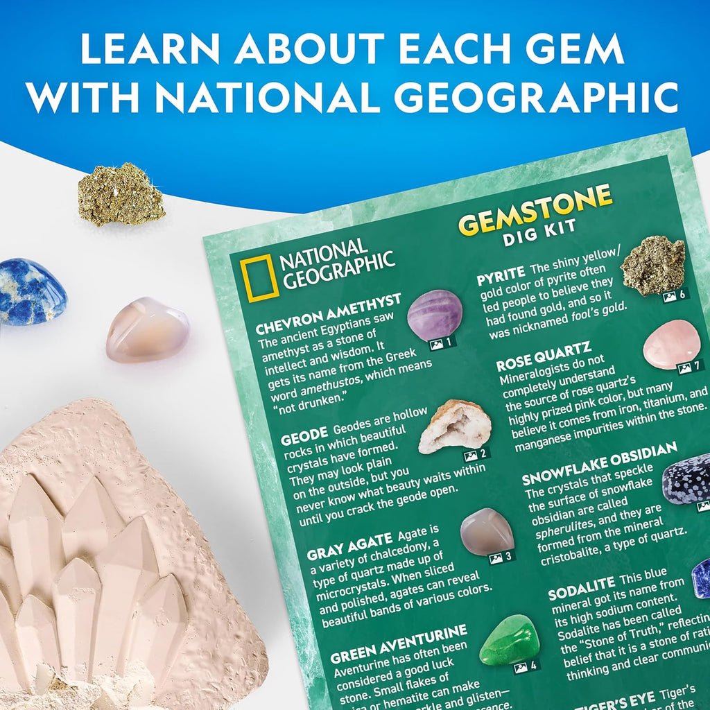National Geographic Gemstone Dig Kit with 10 Real Gemstones for Kids | Amethyst, Quartz & Tiger's Eye, Gem Mining