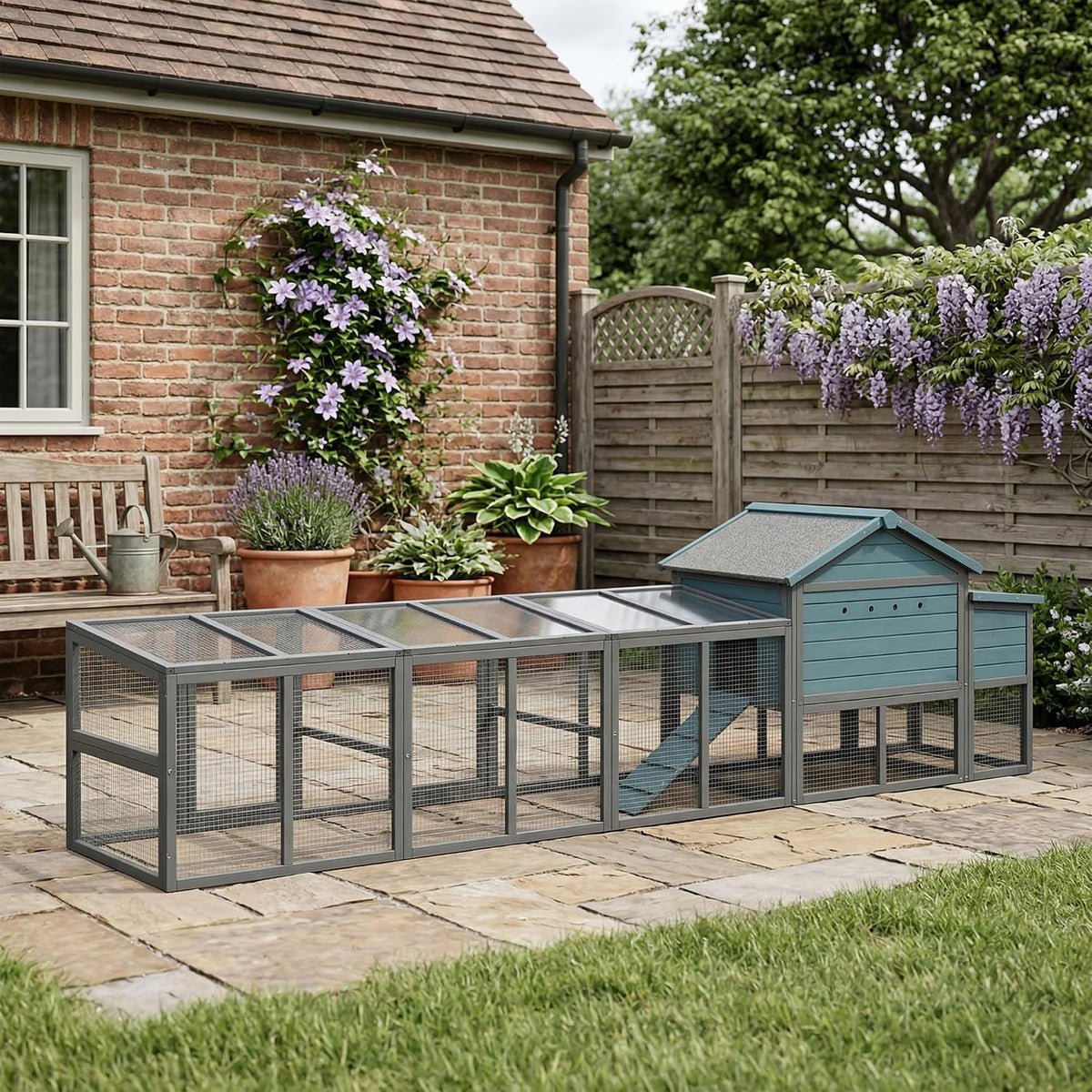 Large Wooden Chicken Coop with Run Blue Gray 141.1 in