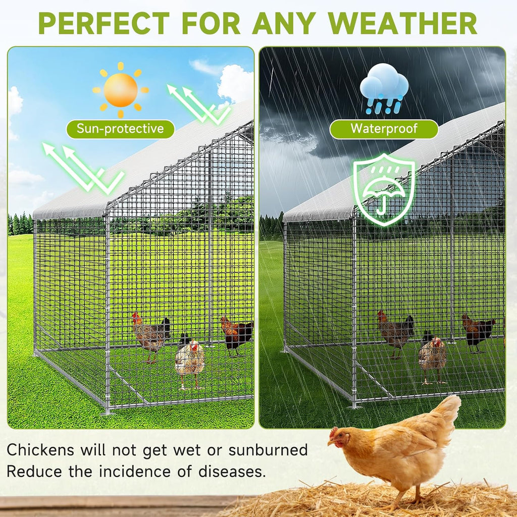 Large Walk-in Chicken Coop with Chicken Run, Galvanized Poultry Enclosure with Waterproof Anti-UV Cover and Security