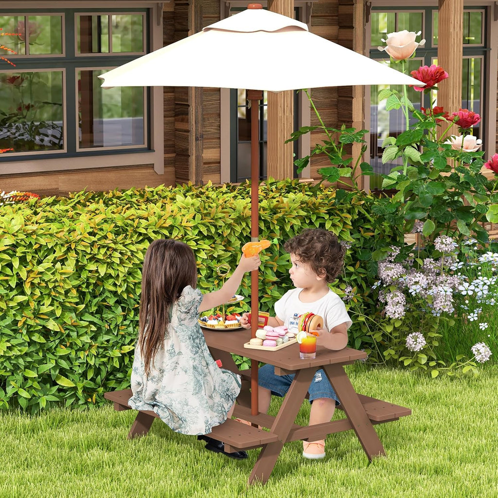 Kids Picnic Table, Toddler Outdoor Table & Bench Set, Wooden Children Patio Furniture with Folding Umbrella, Kids