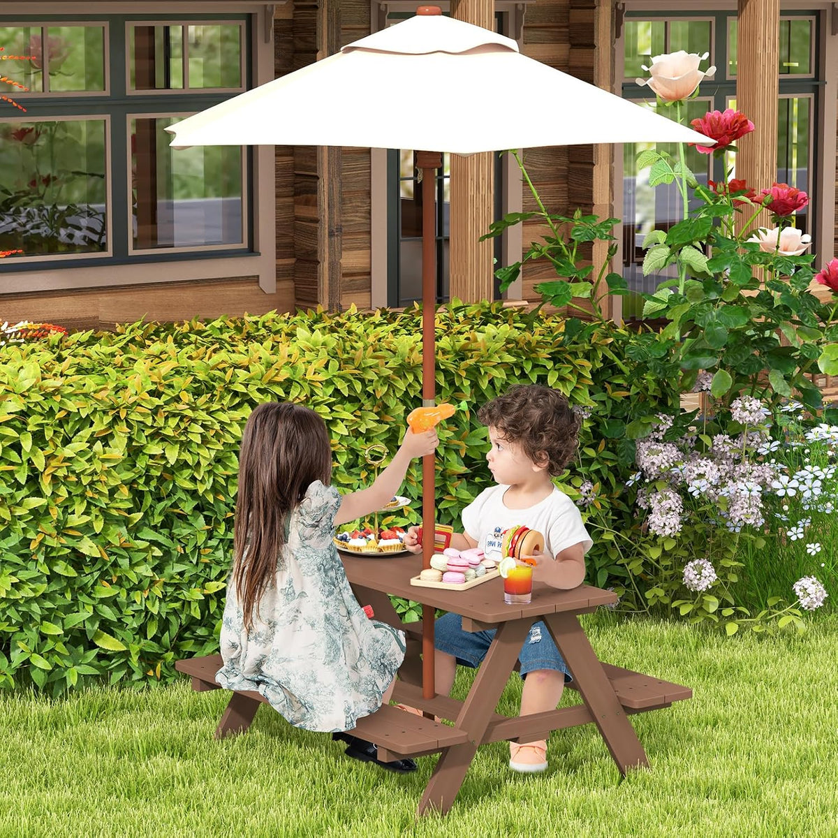 Kids Picnic Table, Toddler Outdoor Table & Bench Set, Wooden Children Patio Furniture with Folding Umbrella, Kids