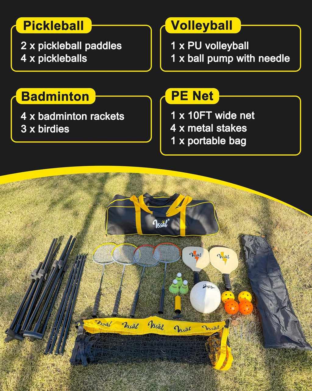 3-in-1 Portable Badminton Volleyball Pickleball Net Set for Backyards | Adjustable Height 34"-7 ft, Beach, Outdoor