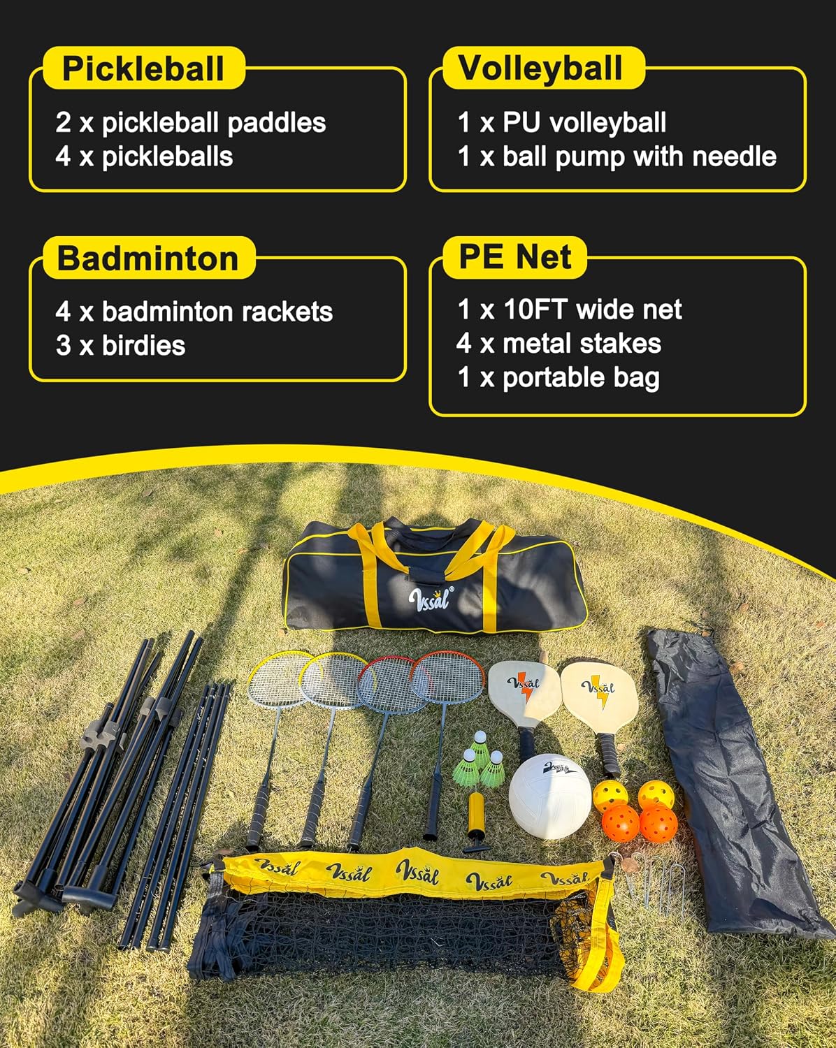 3-in-1 Portable Badminton Volleyball Pickleball Net Set for Backyards | Adjustable Height 34"-7 ft, Beach, Outdoor