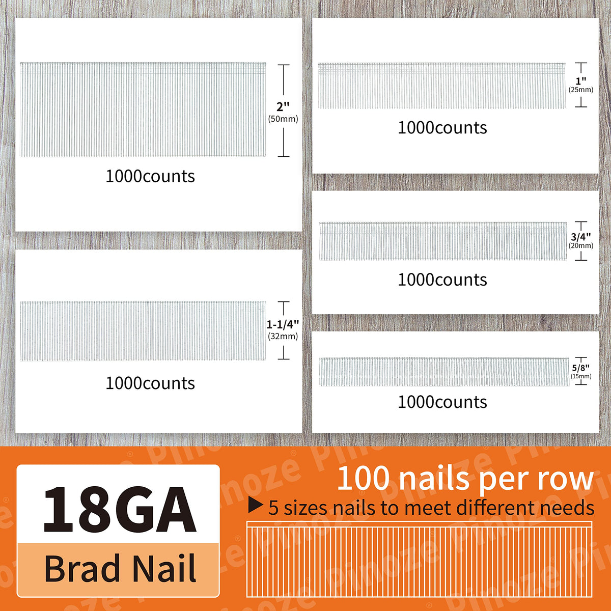 18 Gauge Brad Nails Galvanized, 5000pcs (2”, 1-1/4”, 1”, 3/4”, 5/8")