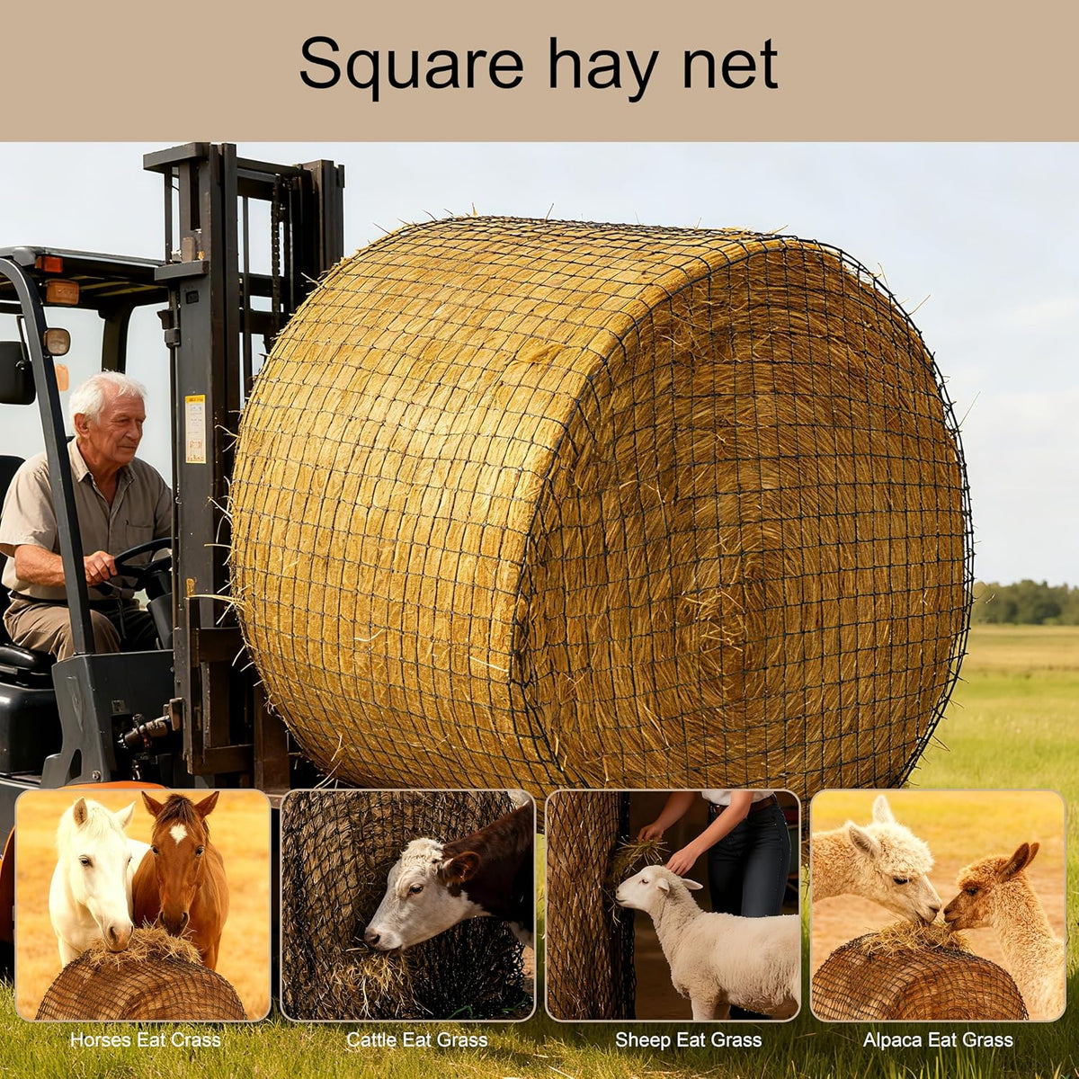 5x5ft Round Bale Hay Net for Horses Slow Feed, Knotless Feeder