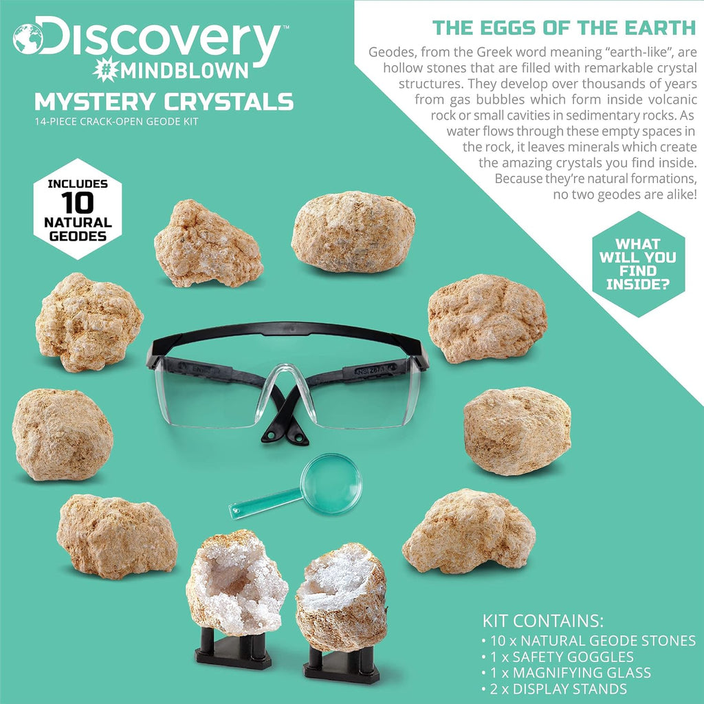 Mystery Crystal Geode Kit – Crack Open 10 Real Quartz Geodes| Includes Goggles, Magnifying Glass & Display Stands|