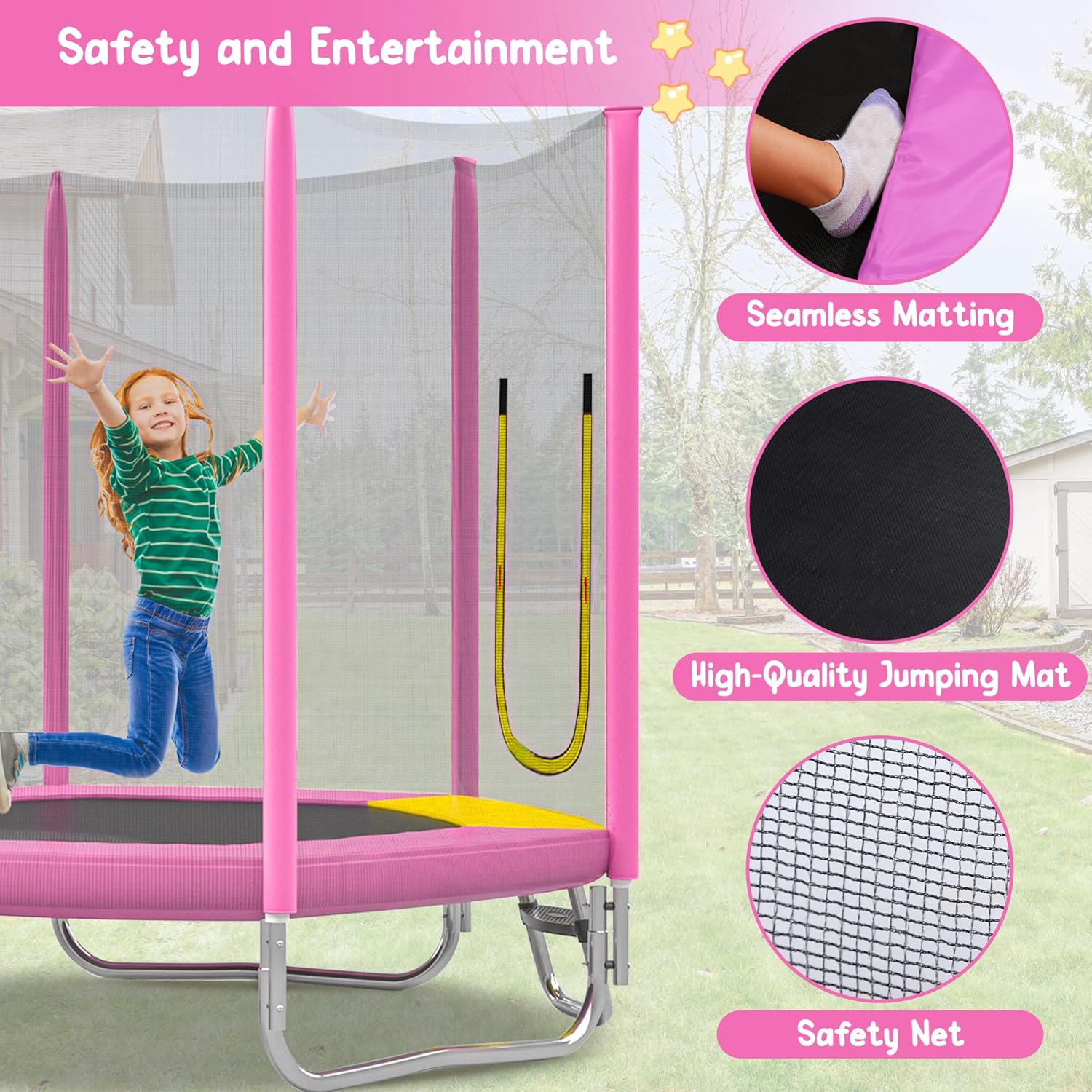 7FT Kids Trampoline with Safety Enclosure Net, Slide and Ladder, Easy Assembly Round Outdoor Recreational Trampoline