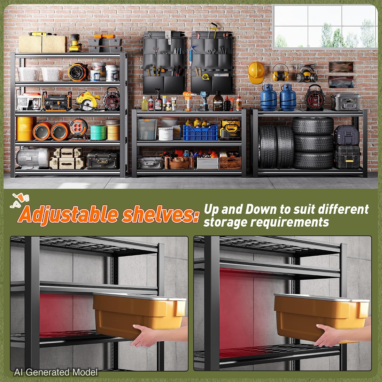 Storage Shelves,Heavy Duty Garage Shelving Load 2500LBS,5-Tier Metal Shelving Units with Tool Storage Bag, Adjustable