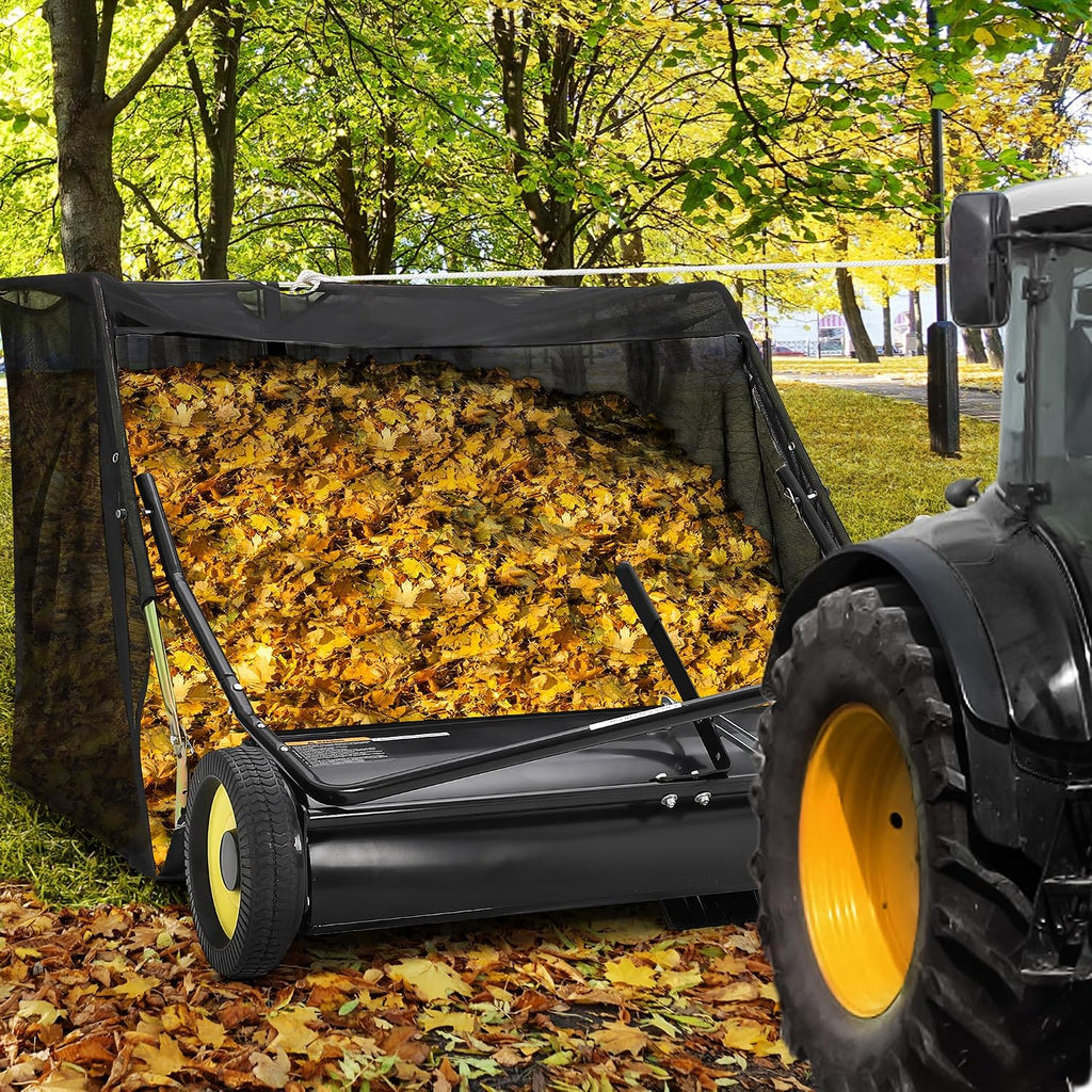 44-Inch Tow Behind Lawn Sweeper – Heavy Duty Leaf & Grass Collector – Large 18 Cu.Ft Container – Adjustable Sweeping
