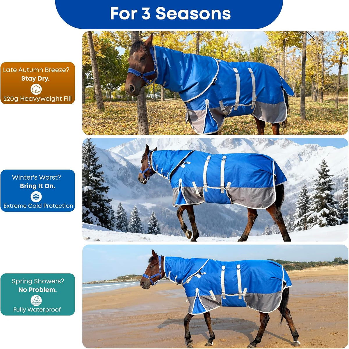 1200D Turnout Horse Blanket with Hood & Band, Medium Weight, Blue/Grey,78IN