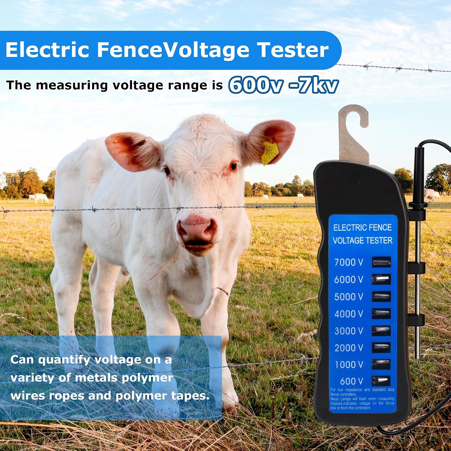 Electric Fence Voltage Tester, 7KV Fence Tester 8 Neon Indicator Lights