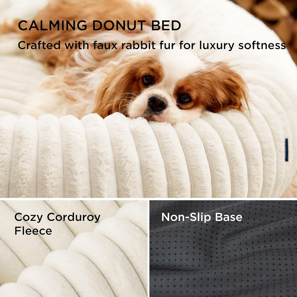 ComfyFleece Donut Large Dog Bed - Washable Faux Fur with Corduroy Fleece & Anti Slip Bottom, Round Pet Bed with