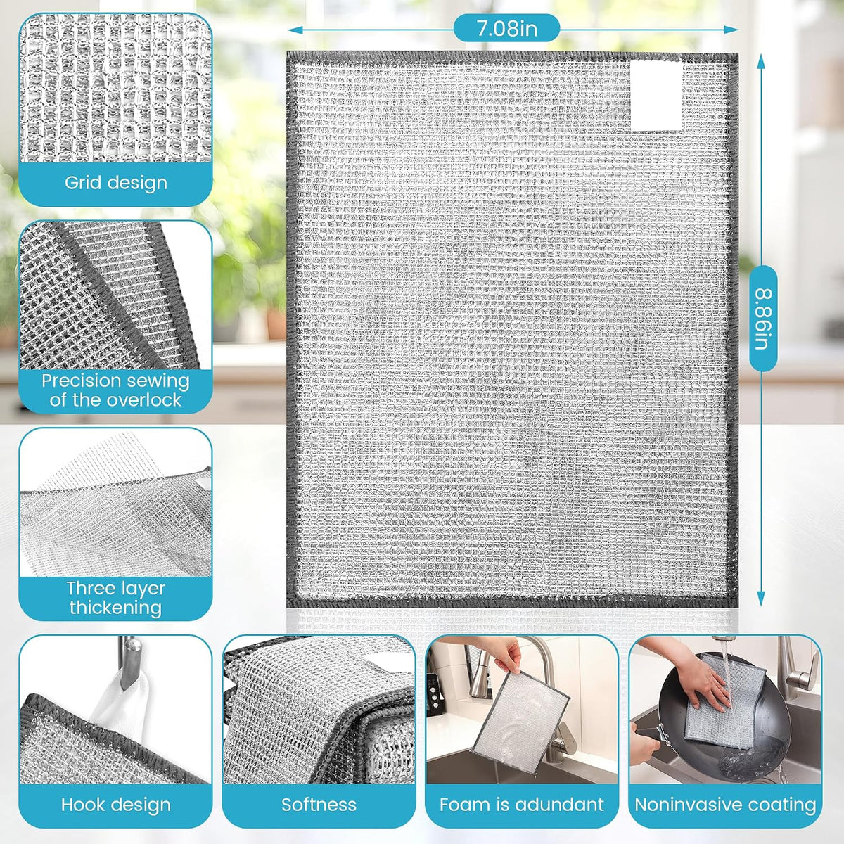 Non Scratch Wire Dishcloth,New Upgrade 3-Layer,12pcs,7.08"X8.86"