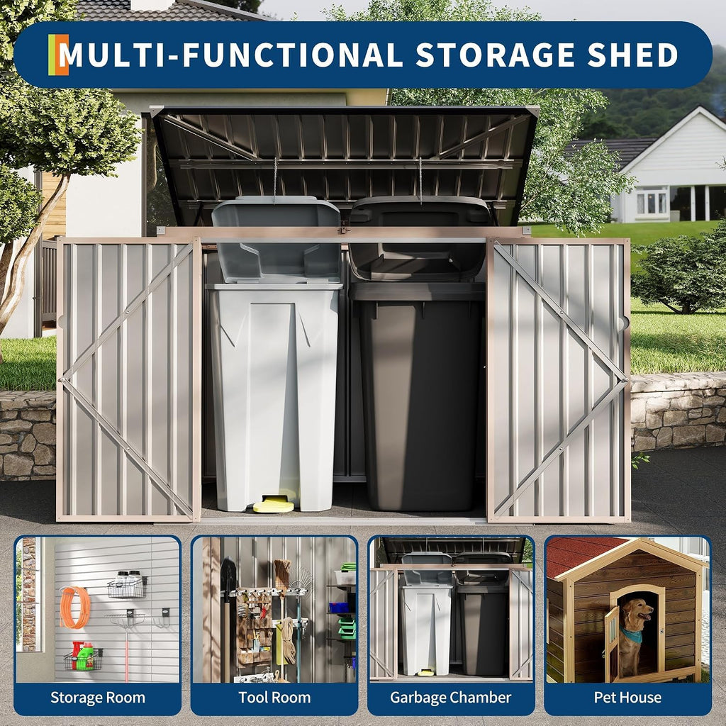 3x6 FT Metal Trash Can Shed, 2-Bin Outdoor Garbage Storage with Chain Lid | Weather-Resistant Bin Enclosure for