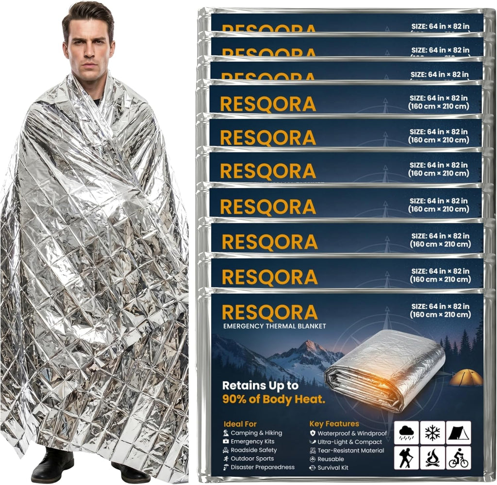 Emergency Blankets, 10 Pack Mylar Thermal Space Blankets | 82 x 64 in silver foil reflective blankets for survival