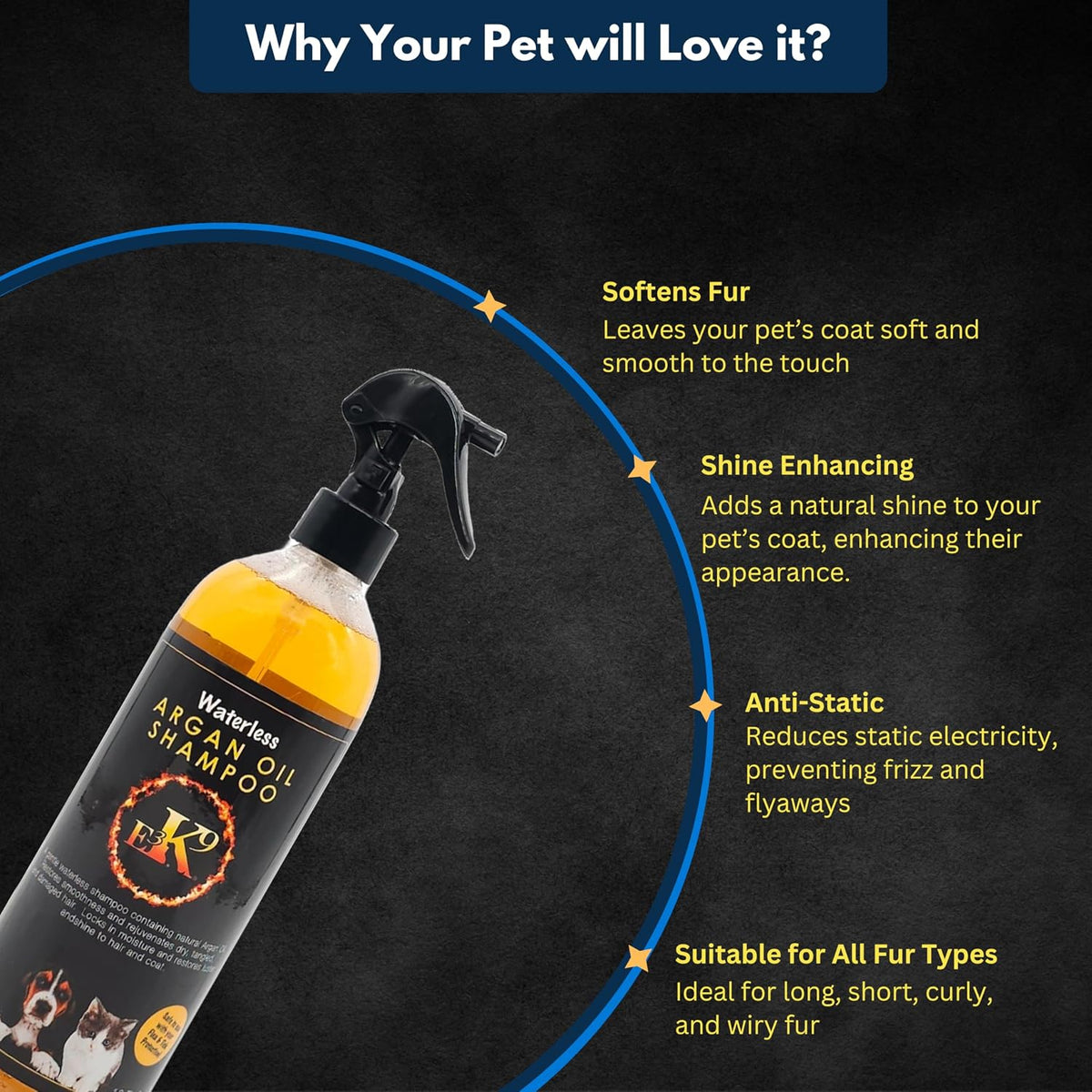 K9 Waterless Dog Shampoo 16 oz - Argan Oil Scented Dry Shampoo for Dogs & Cats - No Rinse - Waterless Pet Shampoo for