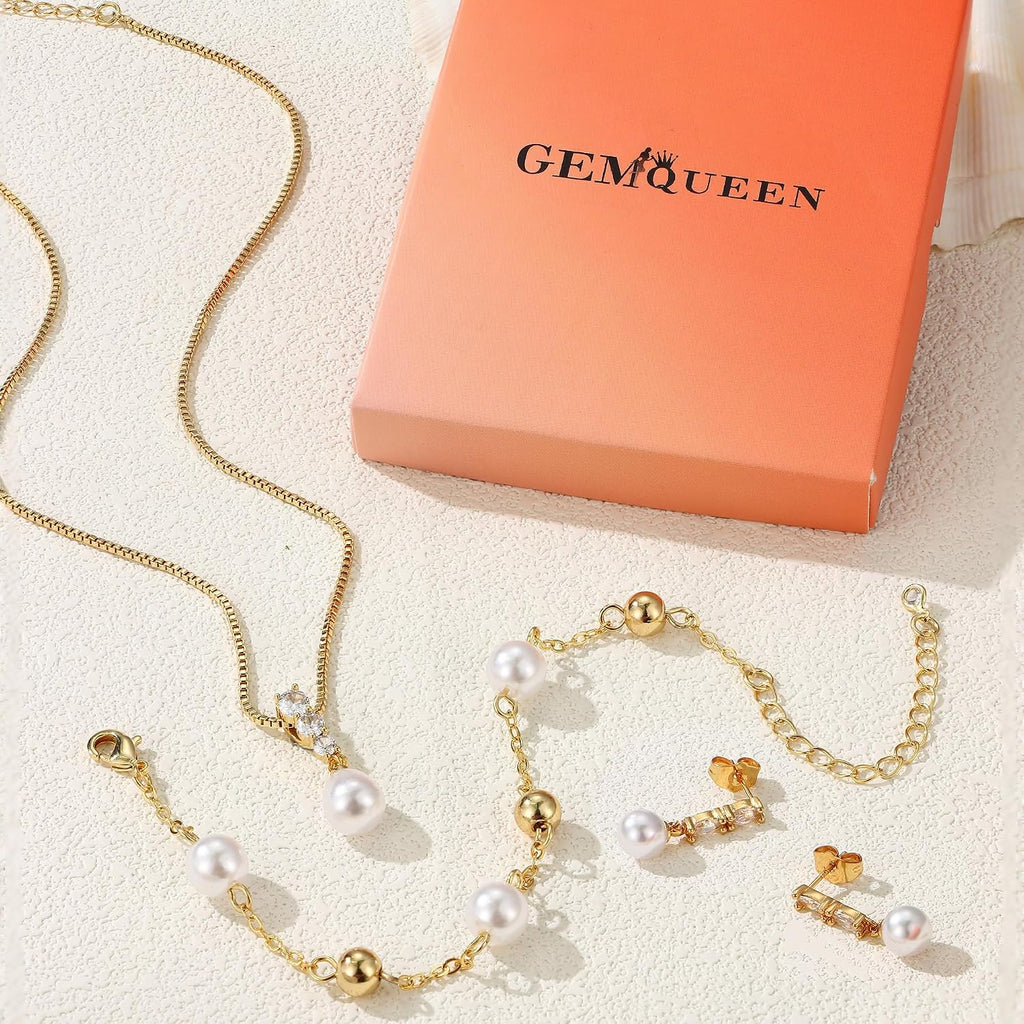 14K Gold Plated Pearl Jewelry Set for Women - 925 Sterling Silver Post Dangle Earrings Dainty Pearl Necklace Bracelet