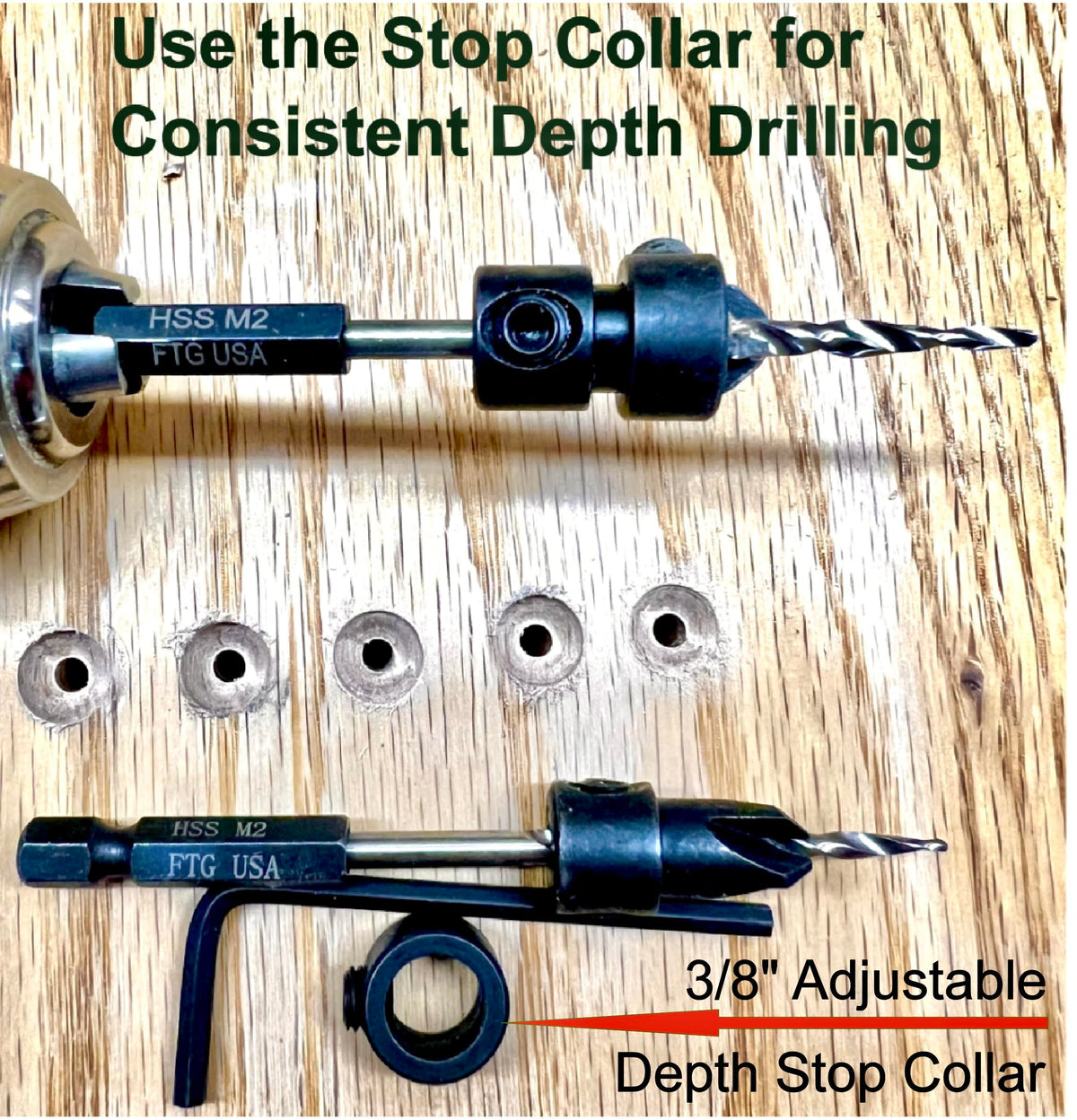 FTG USA 3-Pk #6 (9/64") Countersink Drill Bit Set, 1 Stop, 1 Wrench & Case