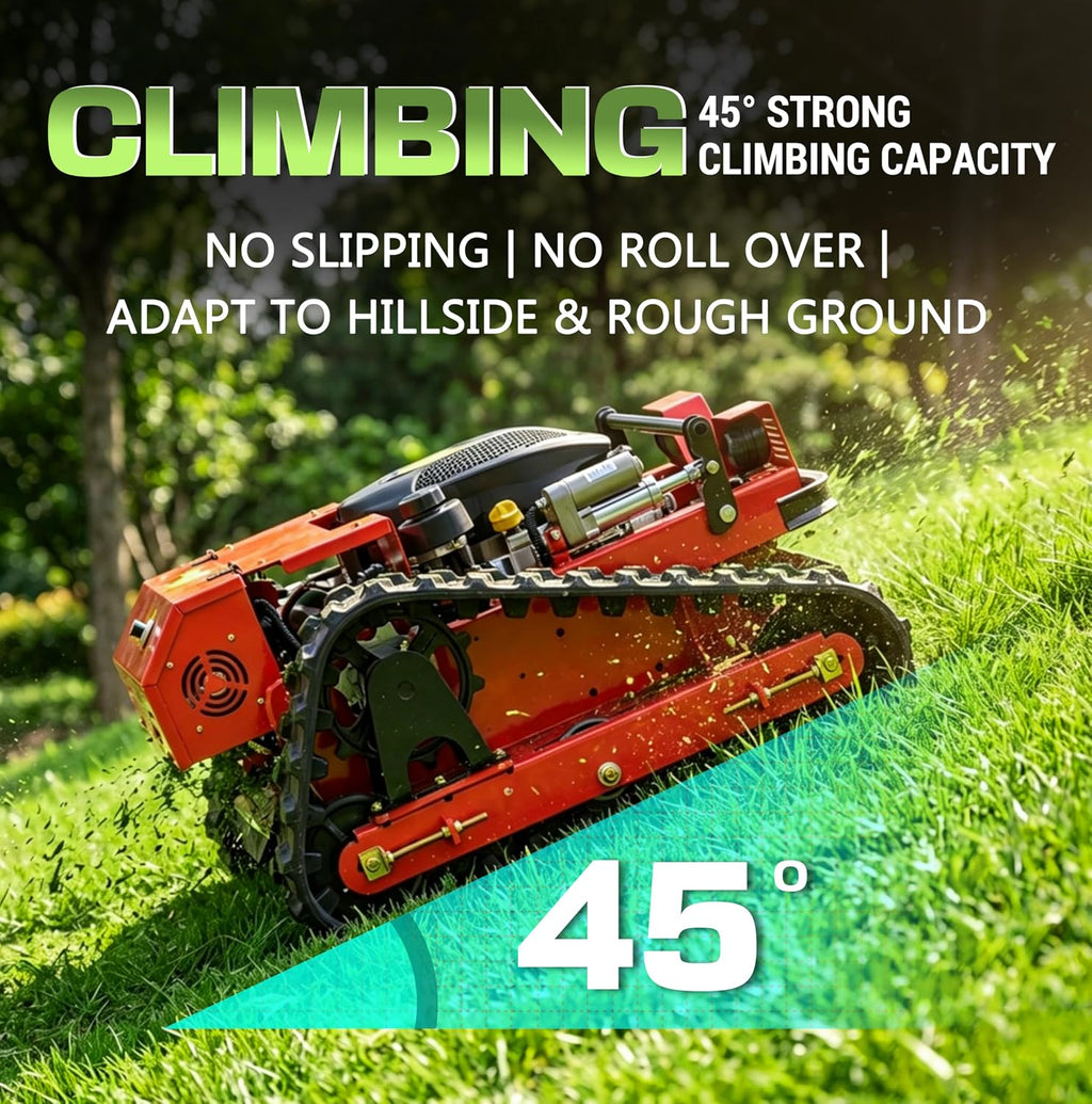 Remote Control Lawn Mower - All Terrain Tracks, 45° Slope Climbing, Gas Electric Hybrid, High Power Strong Mower