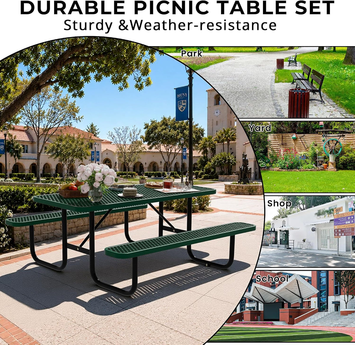 6FT Rectangular Steel Outdoor Picnic Table, Commercial Picnic Table Bench Set with Umbrella Hole, Weather-Resistant