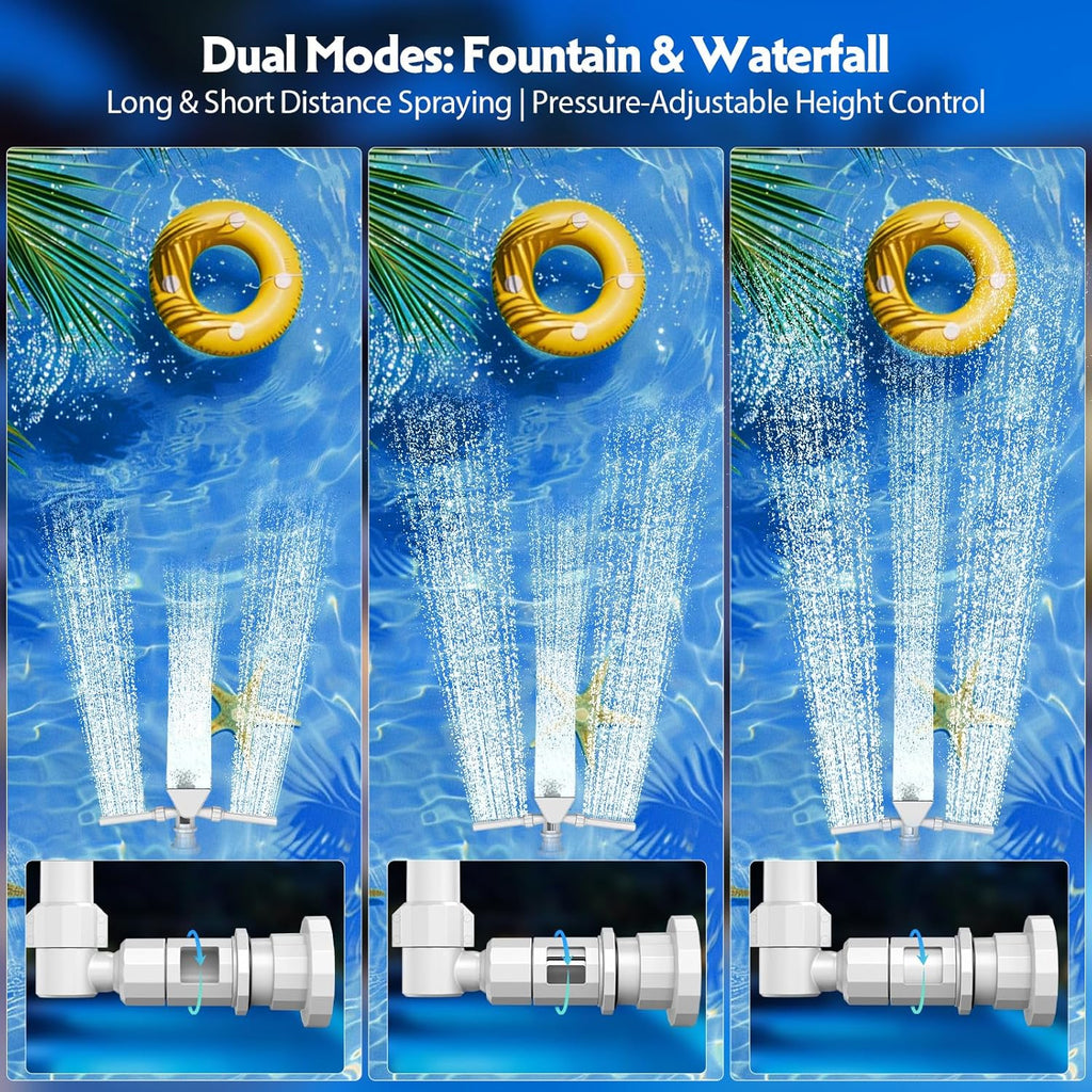 3-in-1 Pool Fountain with Solar 9-Color LED Lights, 360° Adjustable Dual-Head Pool Waterfall Sprinkler, Cooling Spray