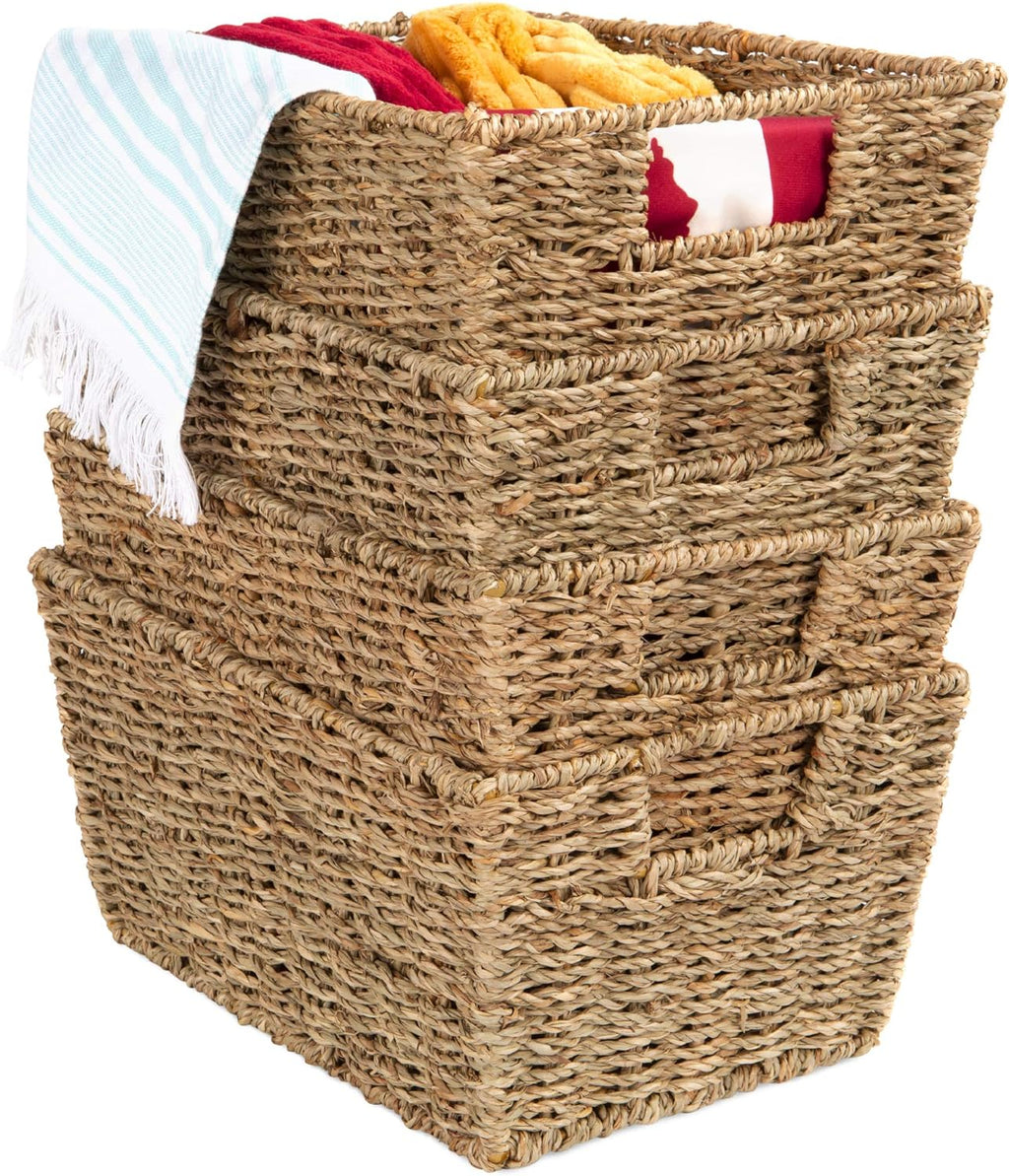 Rustic Set Of 4 Multipurpose Stackable Seagrass Storage Basket, Handwoven Laundry Organizer Totes for Bedroom and