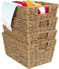 Rustic Set Of 4 Multipurpose Stackable Seagrass Storage Basket, Handwoven Laundry Organizer Totes for Bedroom and