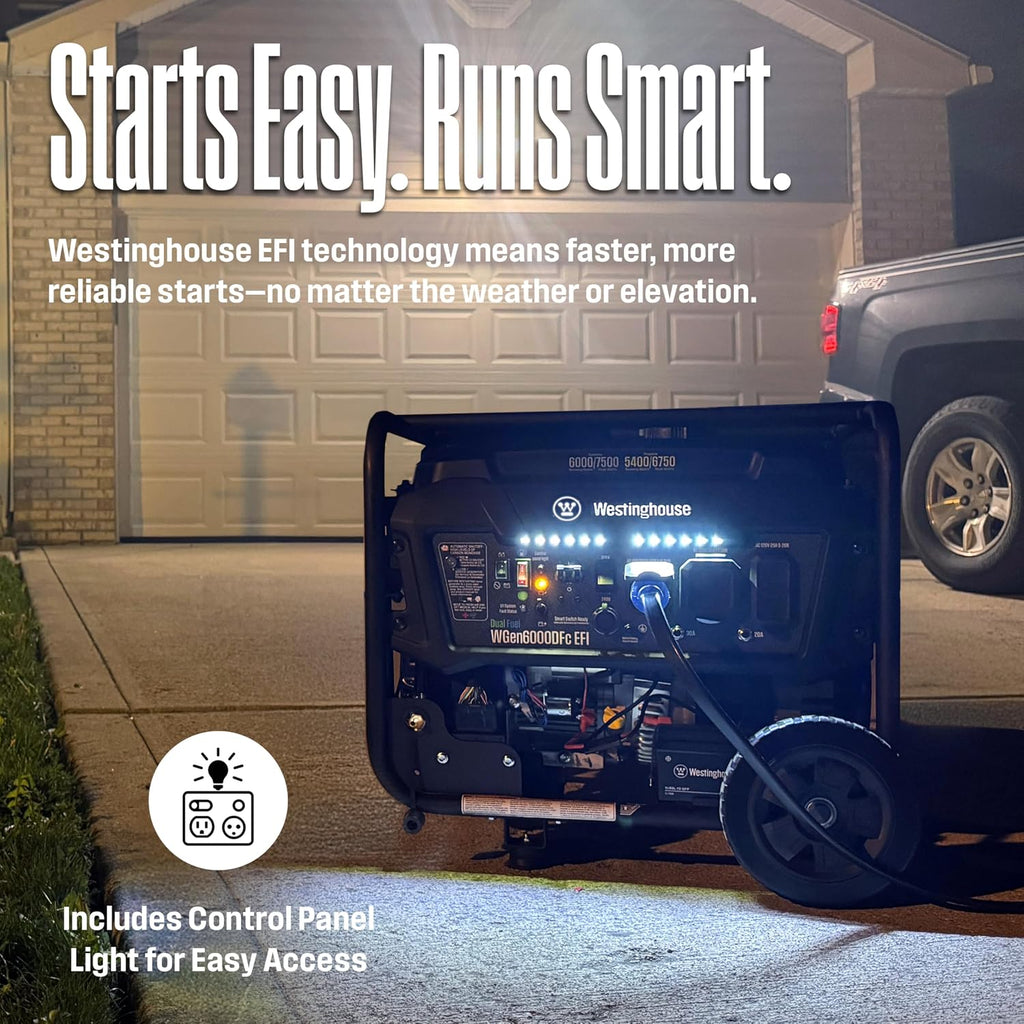 7500 Peak Watt EFI Dual Fuel Home Backup Portable Generator, Remote Electric Start, Transfer Switch Ready, Gas and