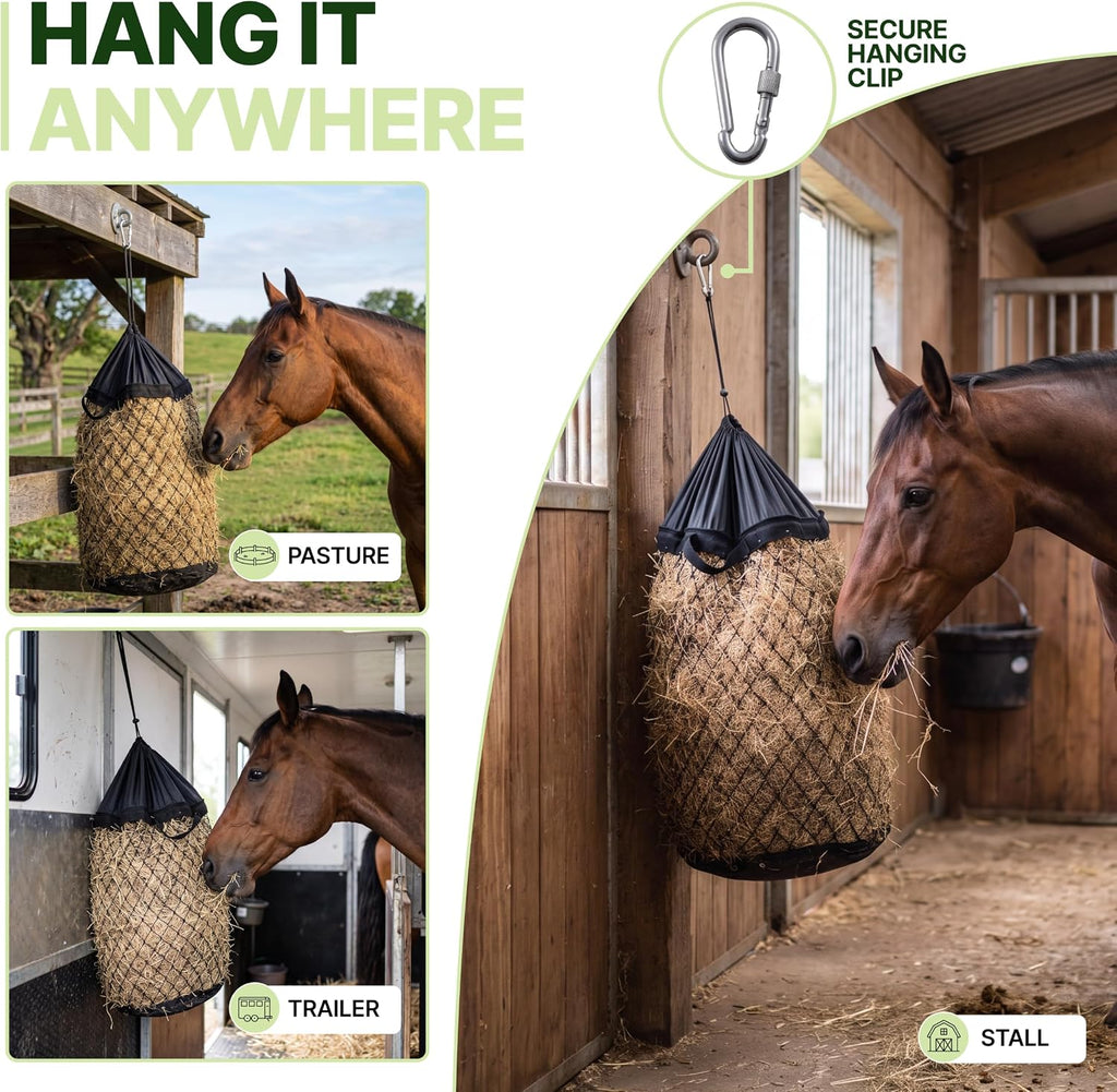 Slow Feed Hay Bag for Horses, Heavy Duty Hay Net for Horses Goats Sheep Donkey, Rigid Quick Fill Collar, 1.9 in Mesh