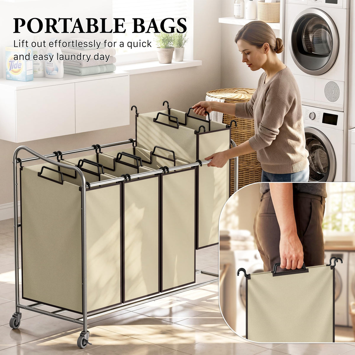 4-Bag Heavy Duty Rolling Laundry Sorter Cart, Chrome