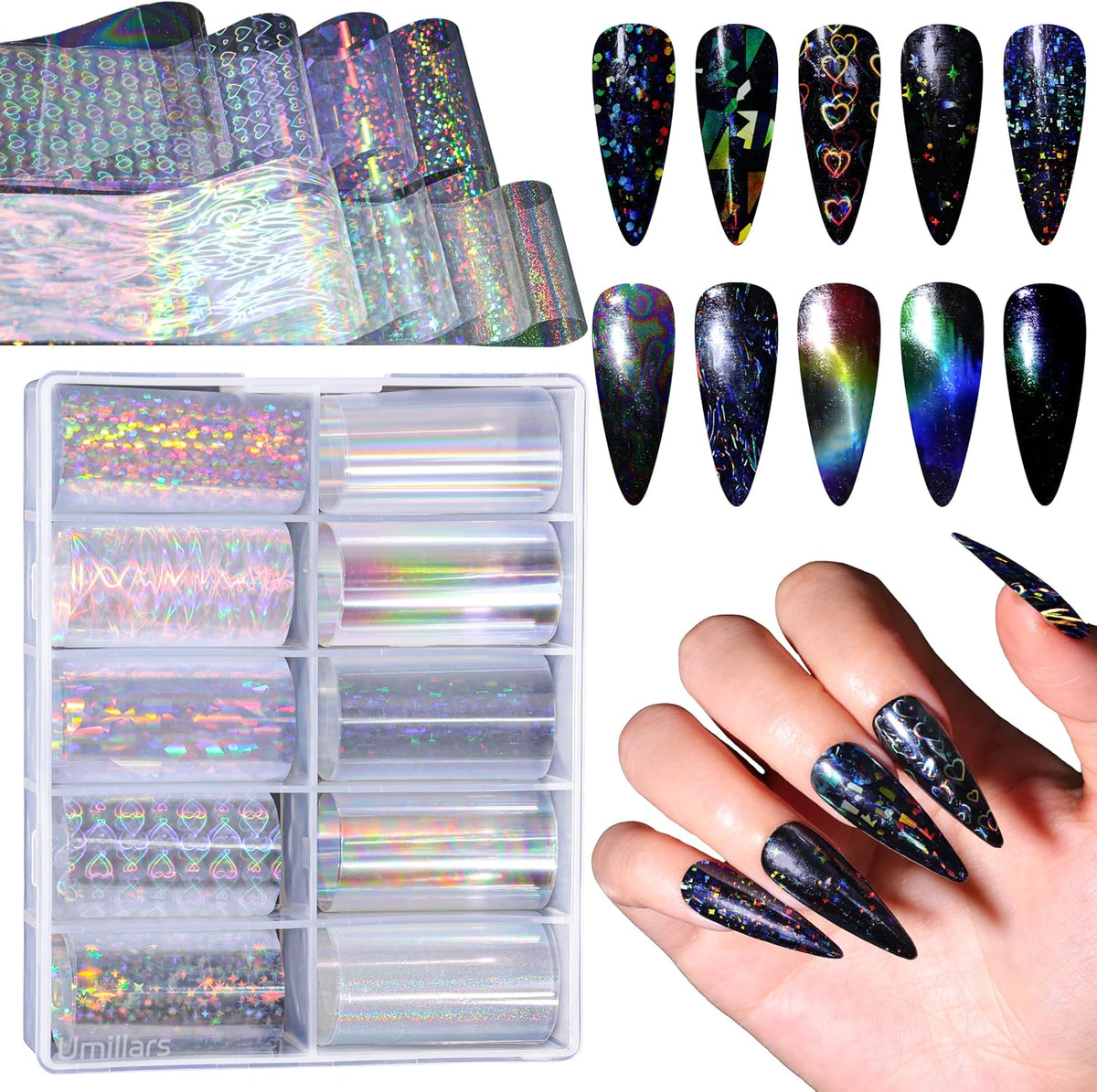 10-Roll Aurora Nail Foil Transfer Sheets Clear Laser Holographic Nail Foils